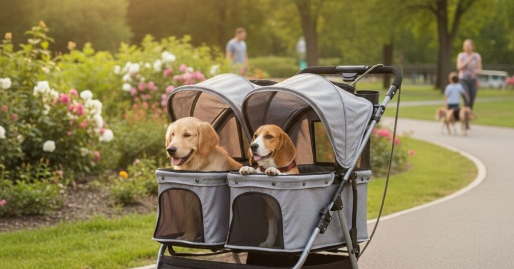 Durable double pet stroller for small dogs.”