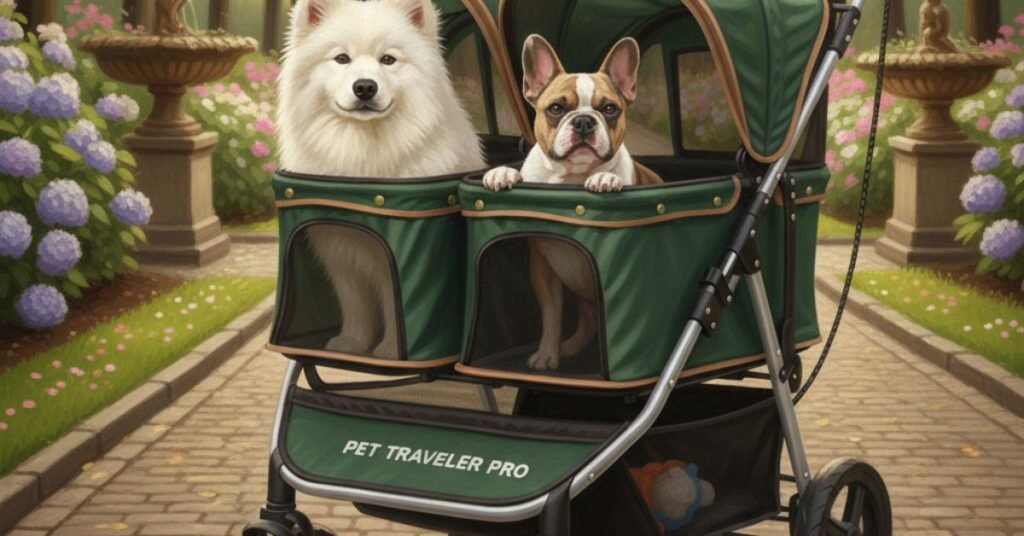 “Two seat dog stroller for easy travel.”