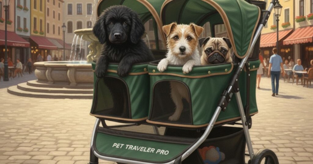 “Side by side double pet stroller for dogs.”