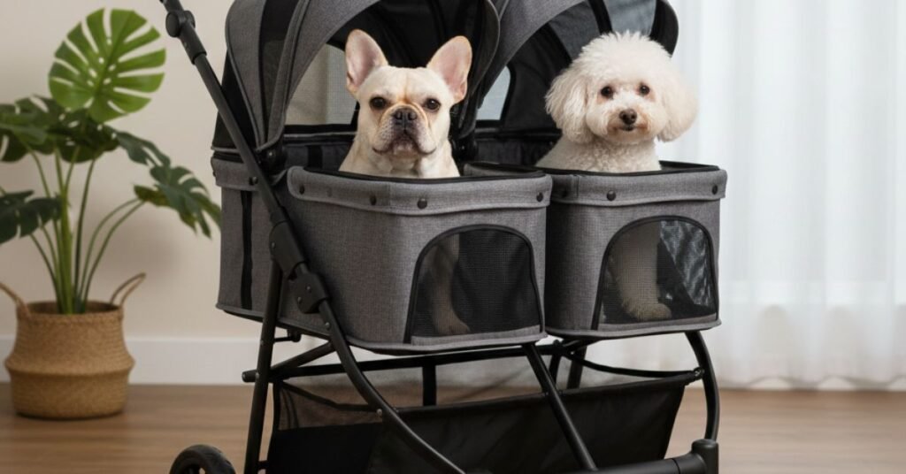 Double dog stroller for safe and comfy walks.”
