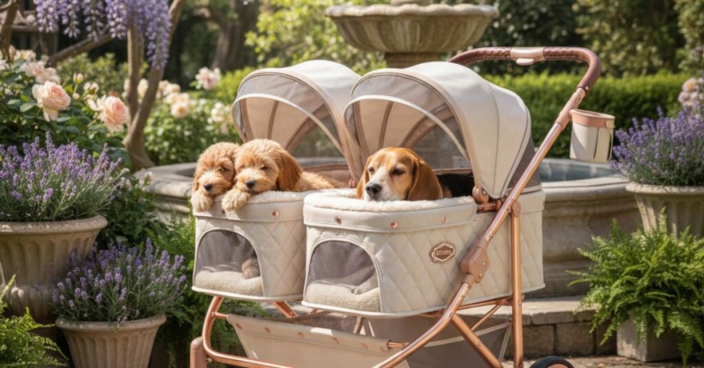 “Two-dog pet stroller with mesh windows.”