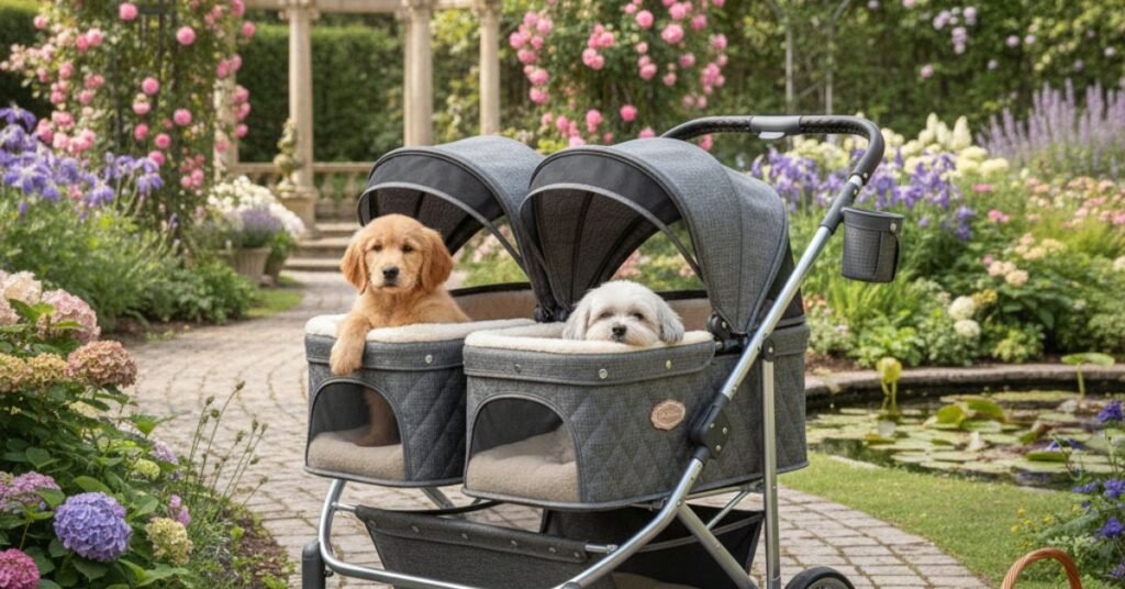 “Comfortable double pet stroller with smooth wheels.”