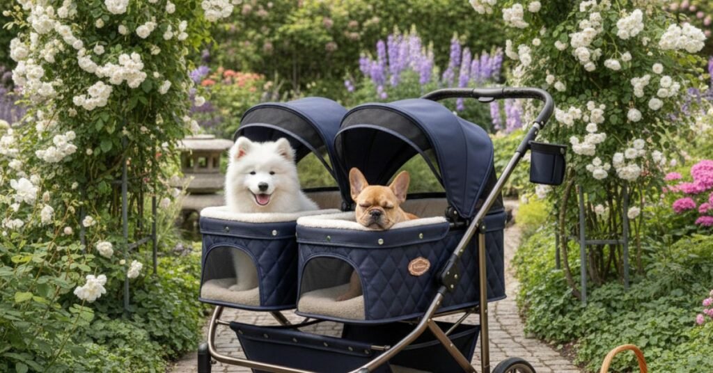 Double stroller for dogs with breathable design.”