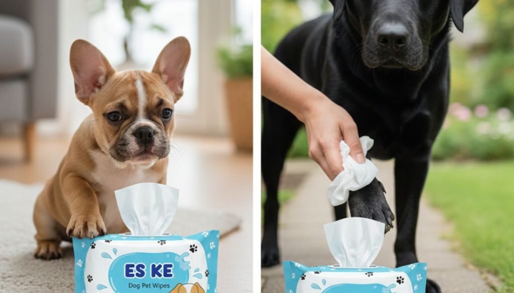 Gentle pet wipes keeping dog clean and odor-free.