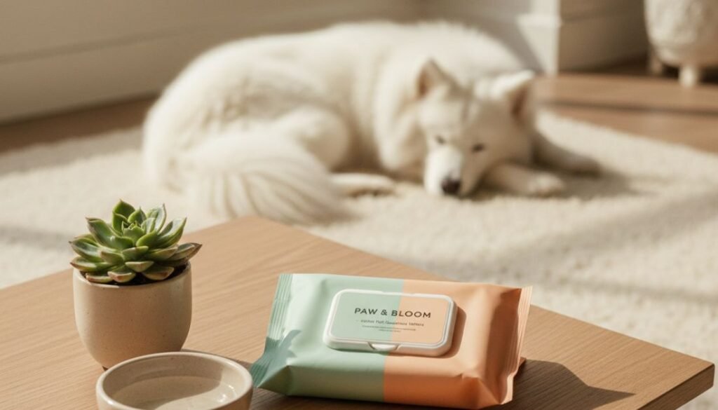 Dog pet wipes cleaning muddy paws after a walk.