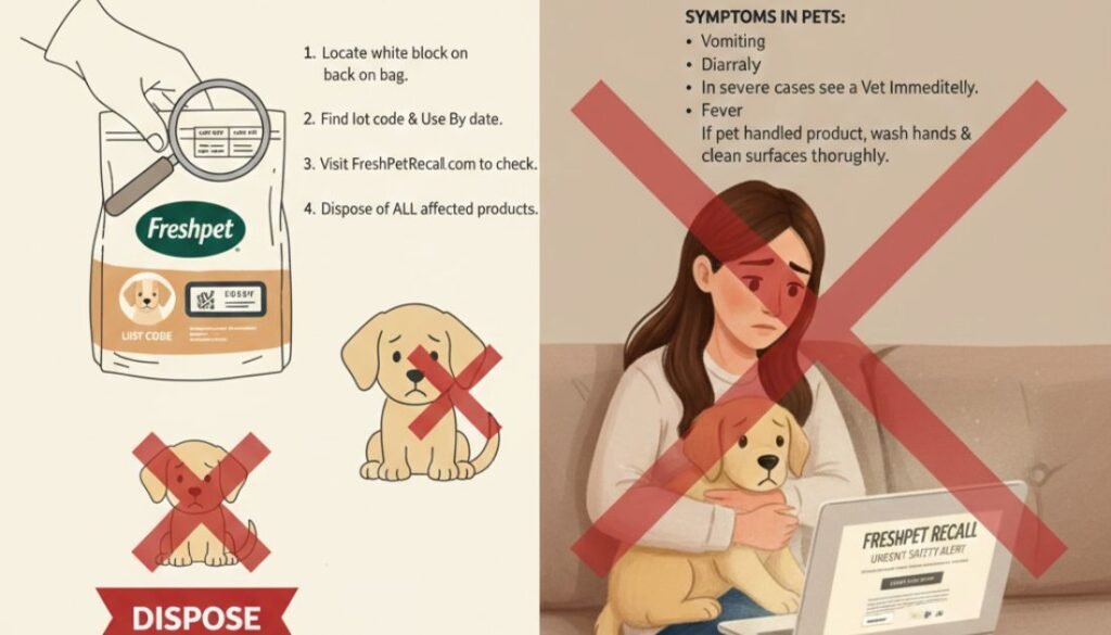 Pet owner reading fresh pet dog food recall safety update.