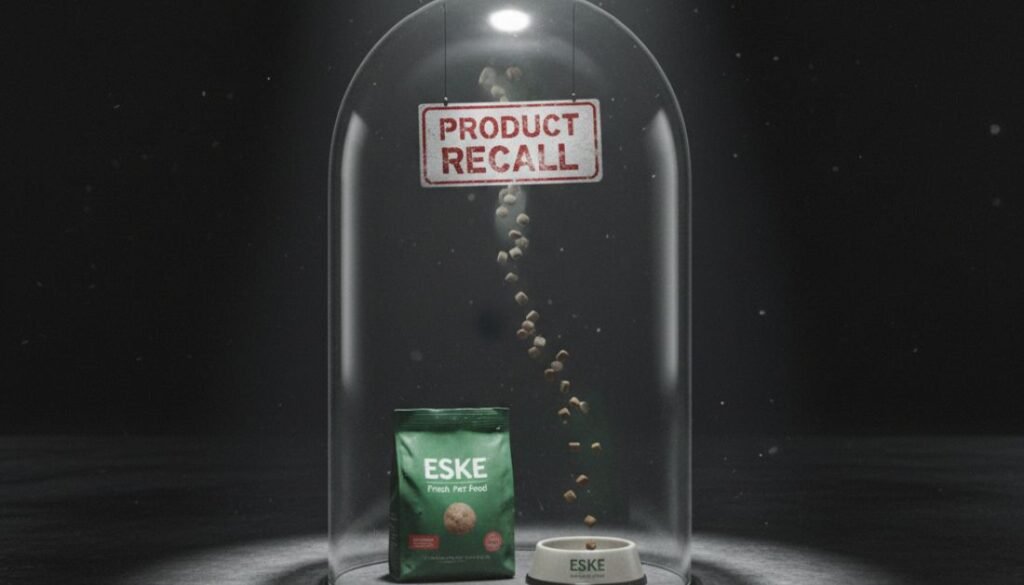 Dog sitting beside fresh pet food while owner reads product details.