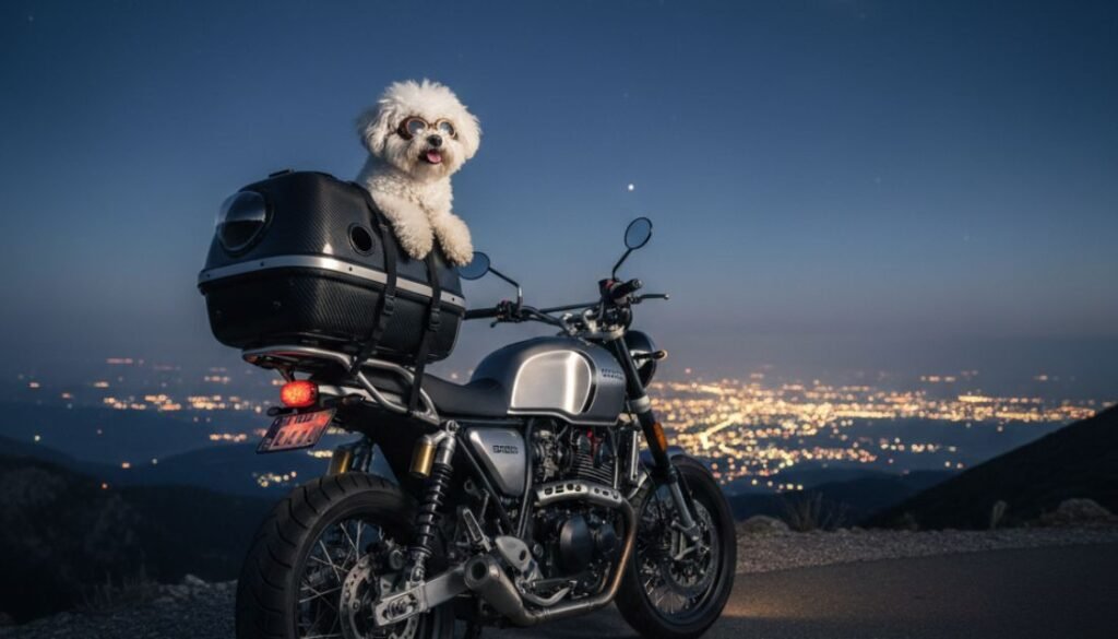 Dog sitting safely inside a motorcycle pet carrier during a ride.