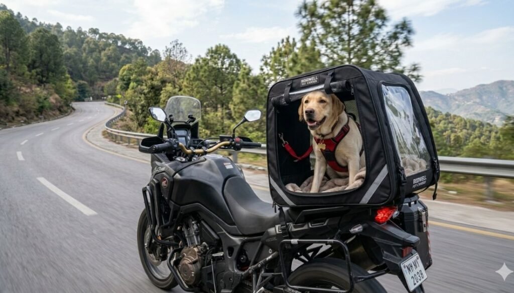 Rider carrying a dog in a secure motorcycle pet carrier.