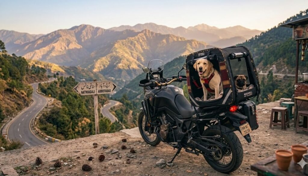Dog comfortably placed inside a motorcycle pet carrier on a motorcycle.